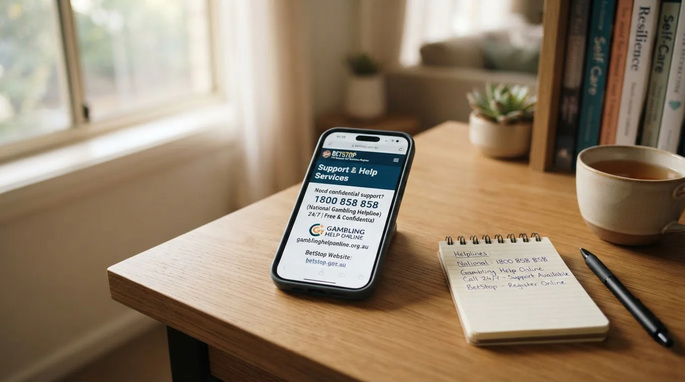 Smartphone displaying responsible gambling tools and helpline information
