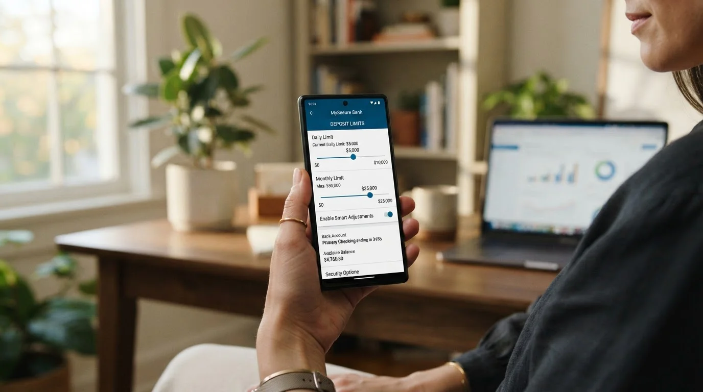 Person reviewing banking app deposit limit settings on smartphone
