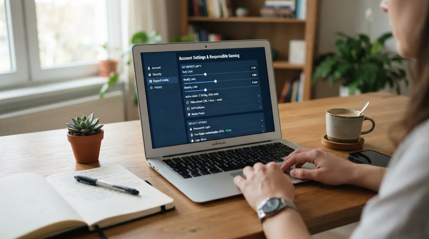 Laptop showing account settings with deposit limit controls and security options
