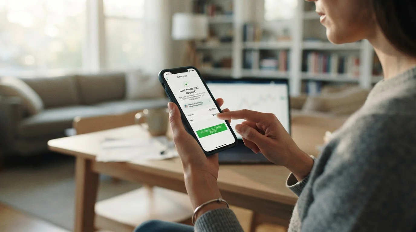 Person's hand hovering over phone with instant deposit button and escalating deposit history visible
