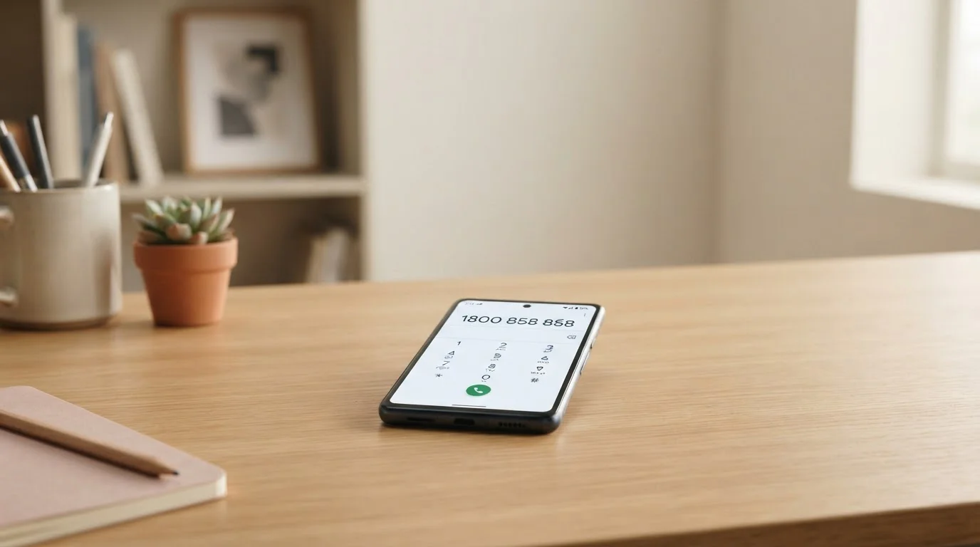Smartphone displaying Gambling Help Online phone number 1800 858 858 on clean desk