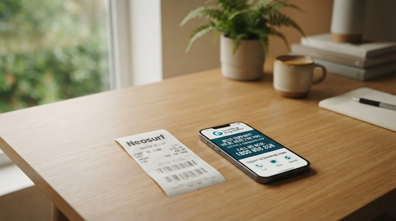 Neosurf voucher receipt next to smartphone showing Gambling Help Online contact information