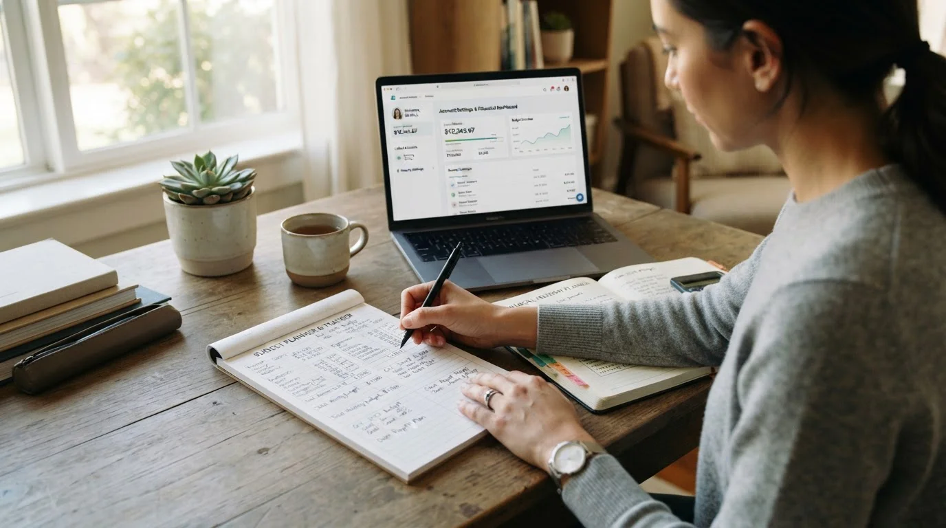 Person reviewing budget planning document with Neteller limits set on laptop