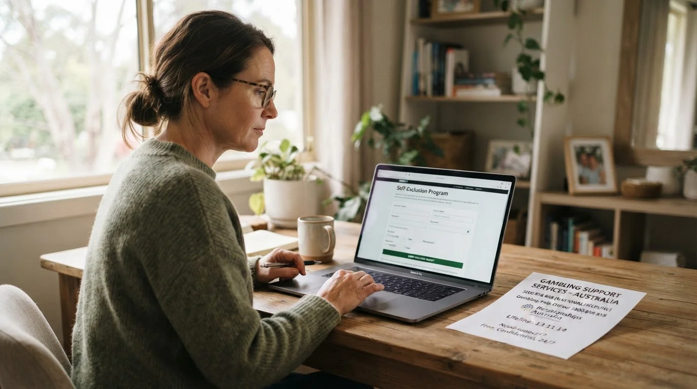 Person using responsible gambling self-exclusion tool on laptop with support hotline visible