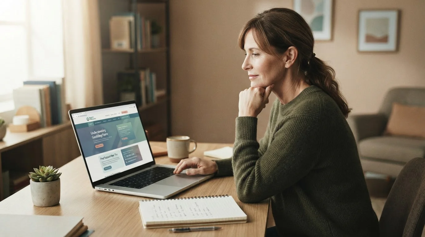 Person reviewing gambling harm resources on laptop with support service contact visible