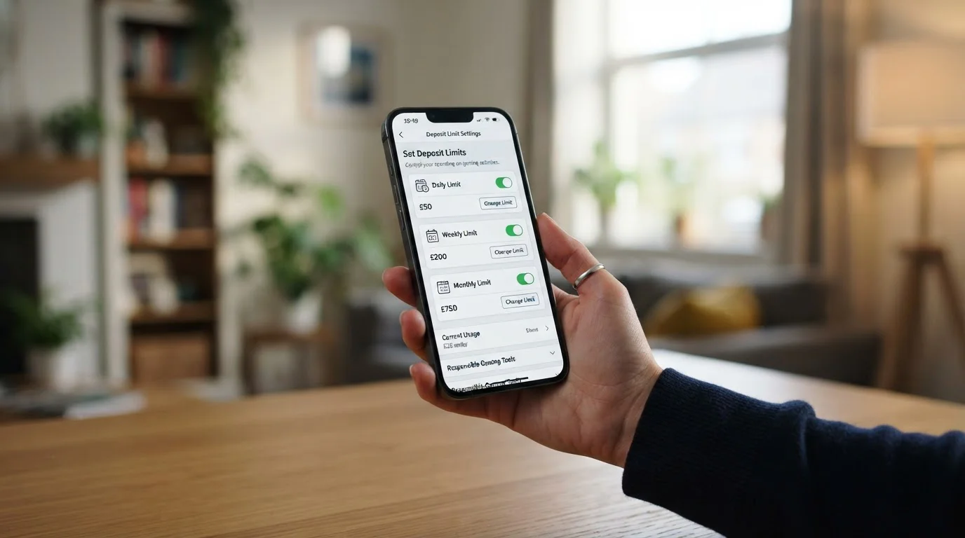Mobile phone showing deposit limit setting screen with daily, weekly, monthly options
