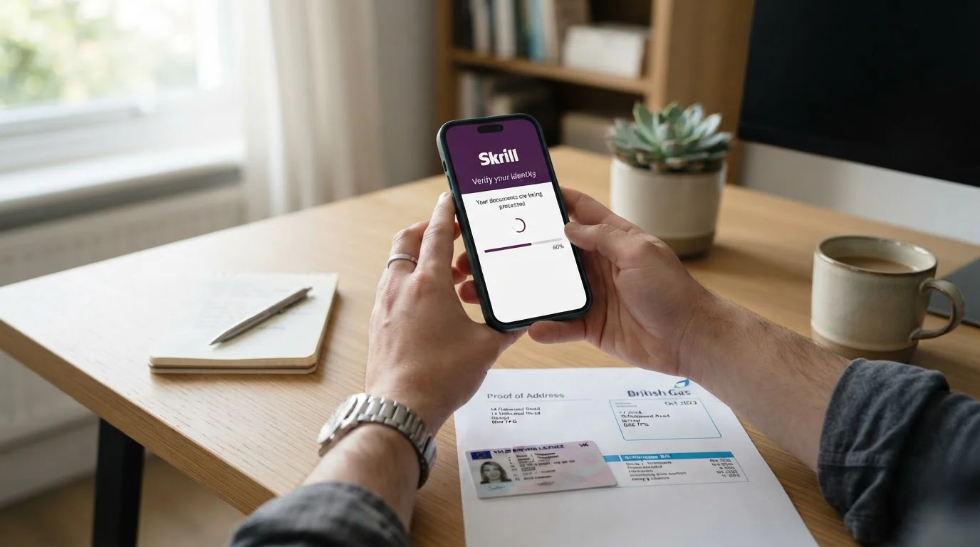 Person completing Skrill verification on smartphone with ID document on desk