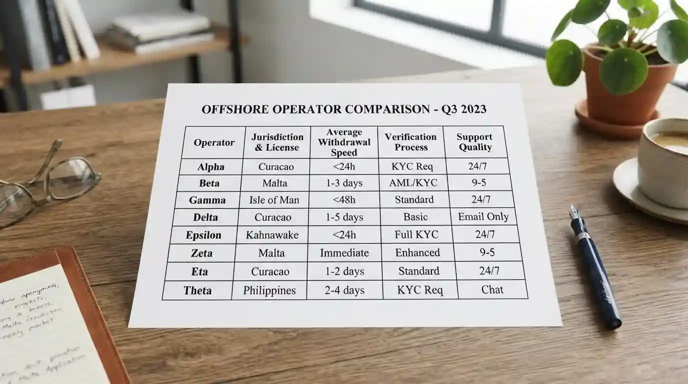 Comparison table showing offshore casino operators with licenses and withdrawal speeds