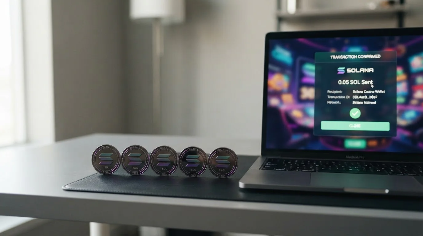 Solana cryptocurrency tokens with digital casino interface showing fast transaction confirmation