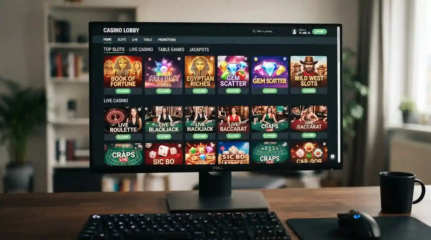 Casino game interface showing slots, live dealer table, and dice games available with Solana deposits