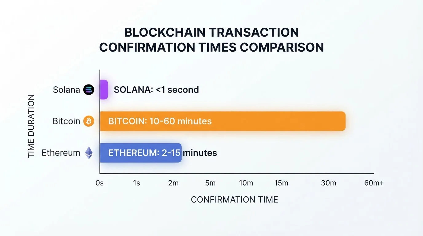 Comparison chart showing transaction confirmation times: Solana under 1 second, Bitcoin 10-60 minutes, Ethereum 2-15 minutes