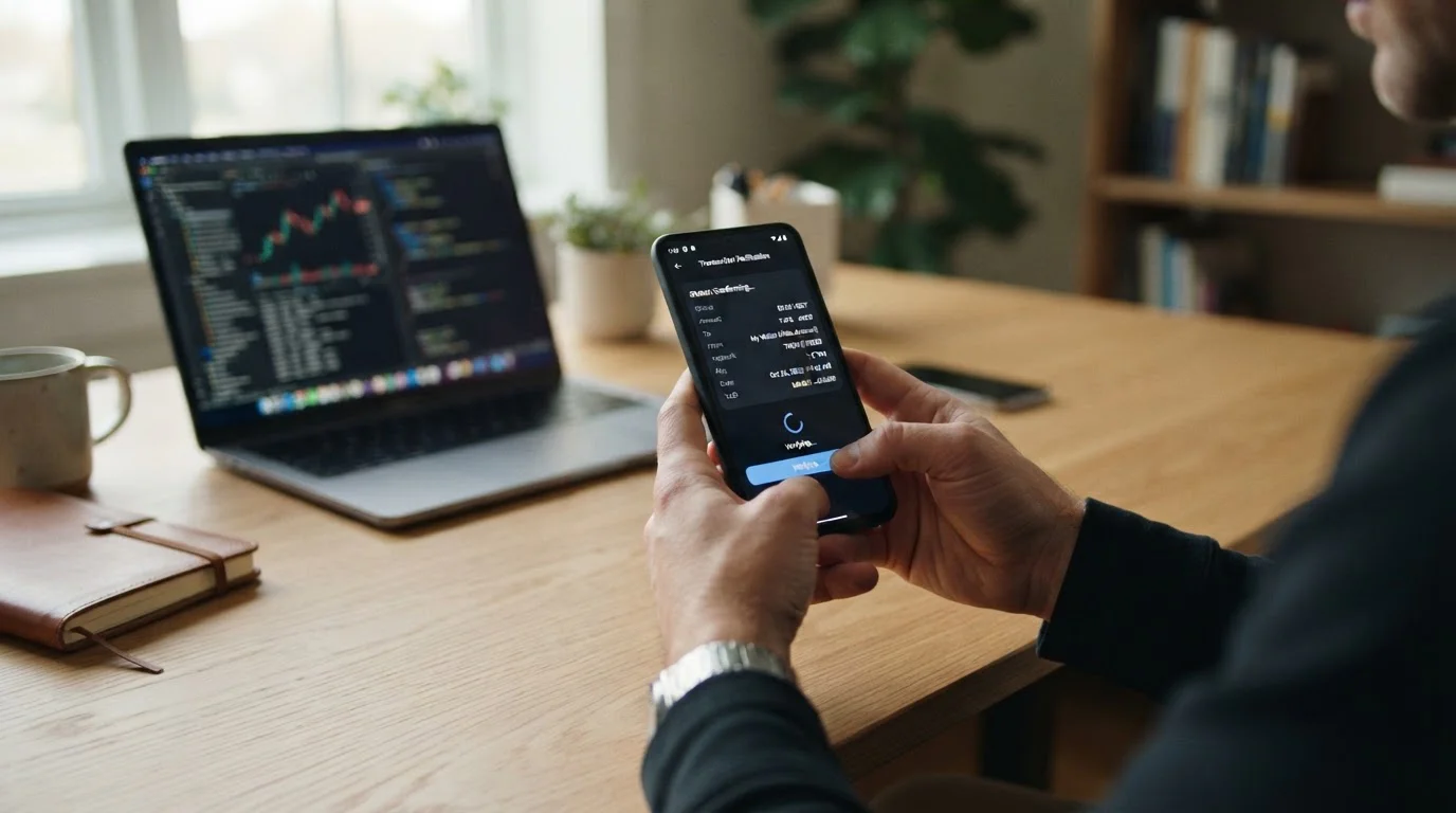 Person verifying small test transaction on mobile crypto wallet before larger deposit