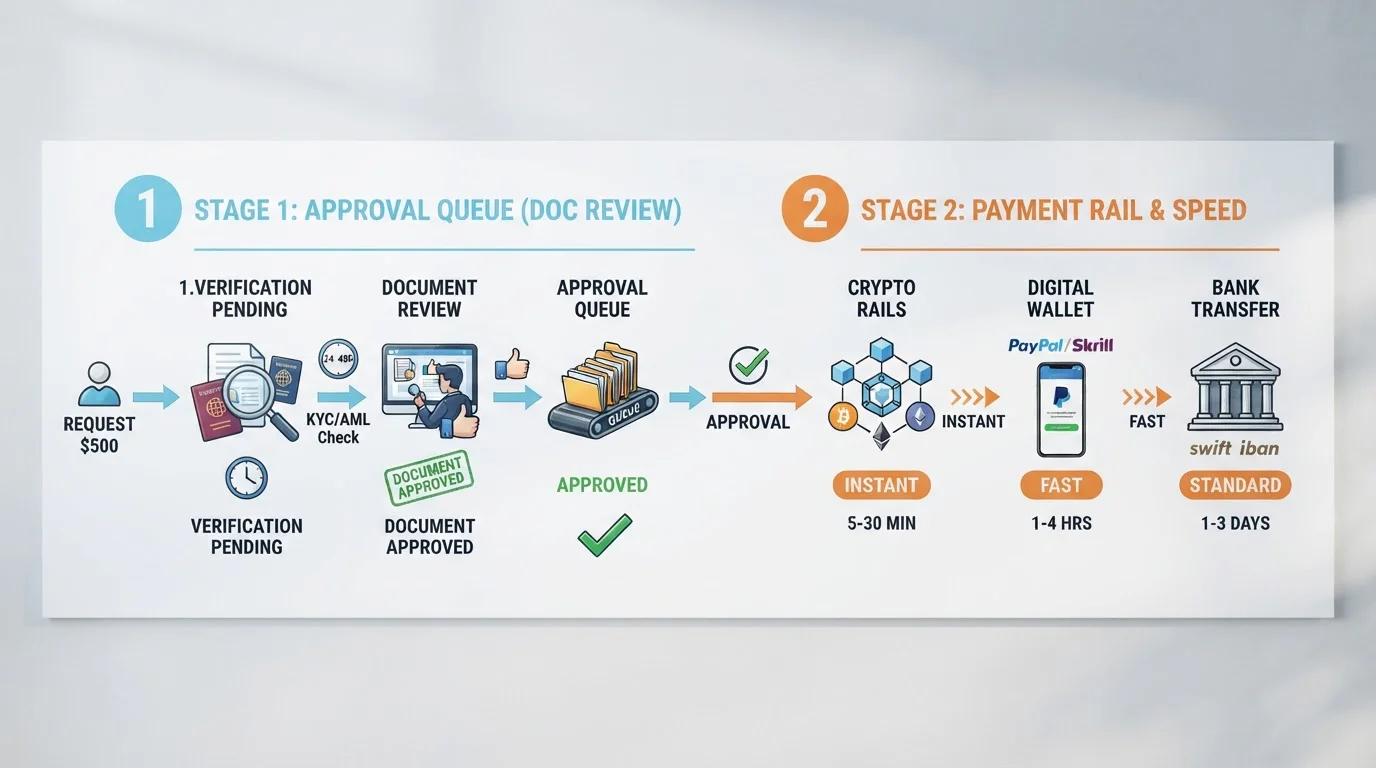 Timeline diagram showing two-stage withdrawal process with approval and rail speed