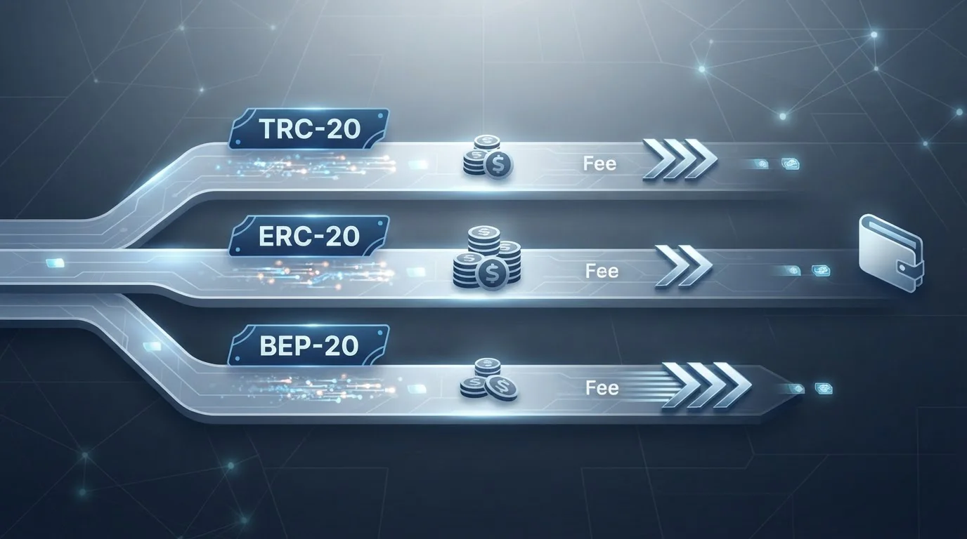 Blockchain network comparison showing TRC-20, ERC-20, and BEP-20 transaction paths with fee indicators