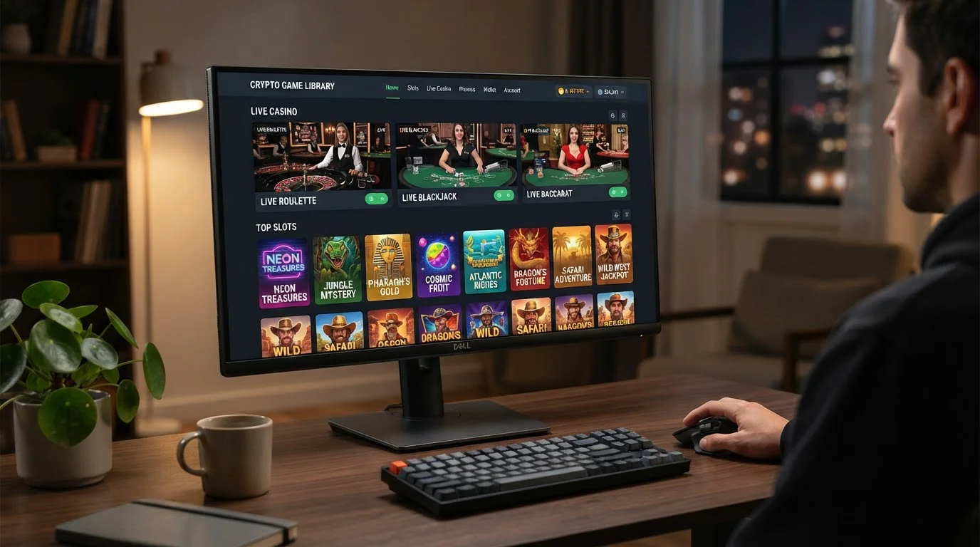 Desktop screen showing crypto casino game library with slots and live dealer options