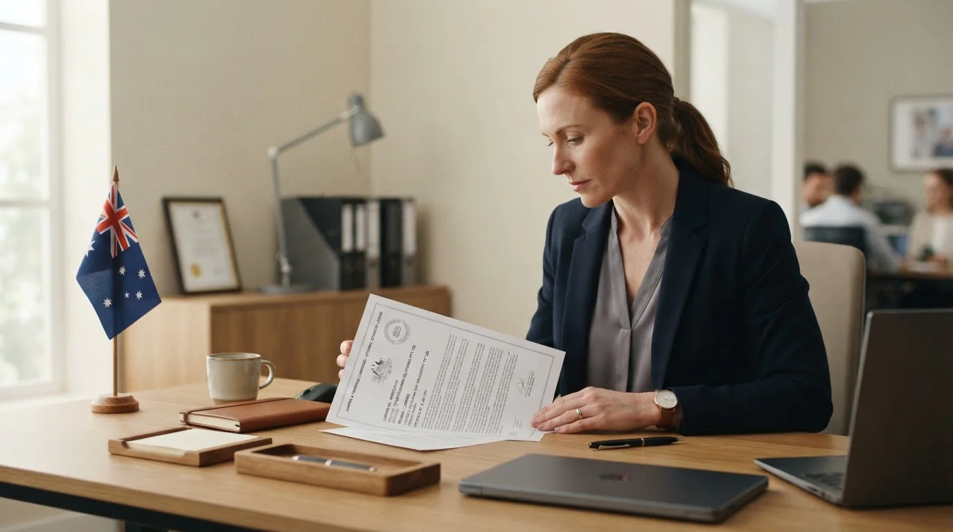 Person reviewing offshore casino license document on desk with Australian flag in background