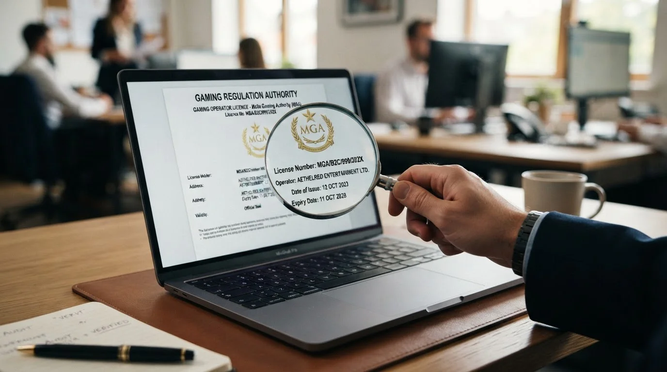 Magnifying glass over casino licence document on laptop screen