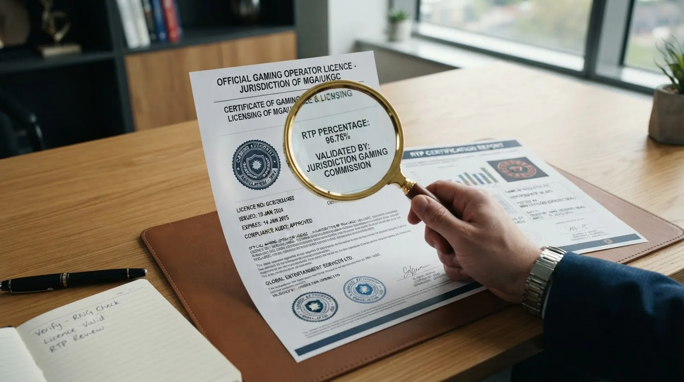 Magnifying glass examining casino licence document and game RTP certificate