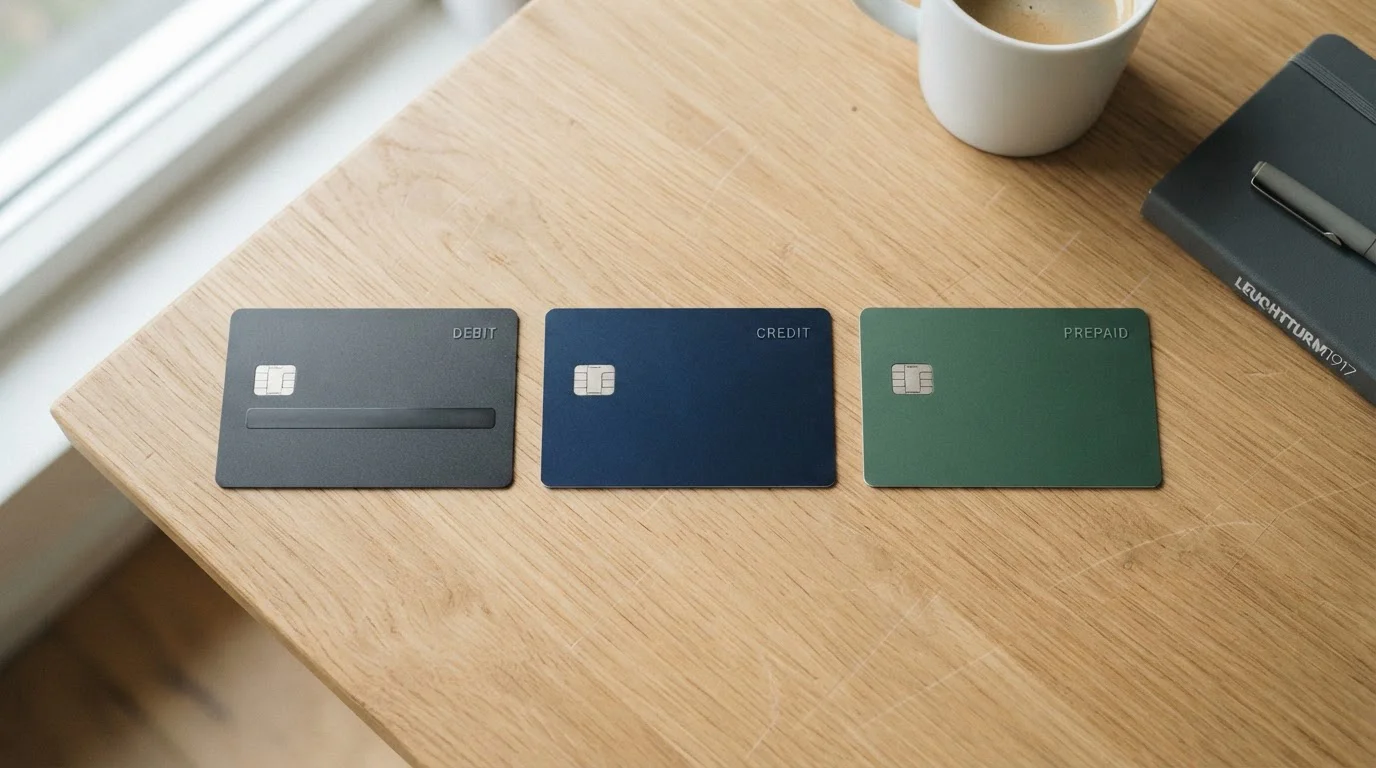 Three Visa cards on desk representing debit credit and prepaid types