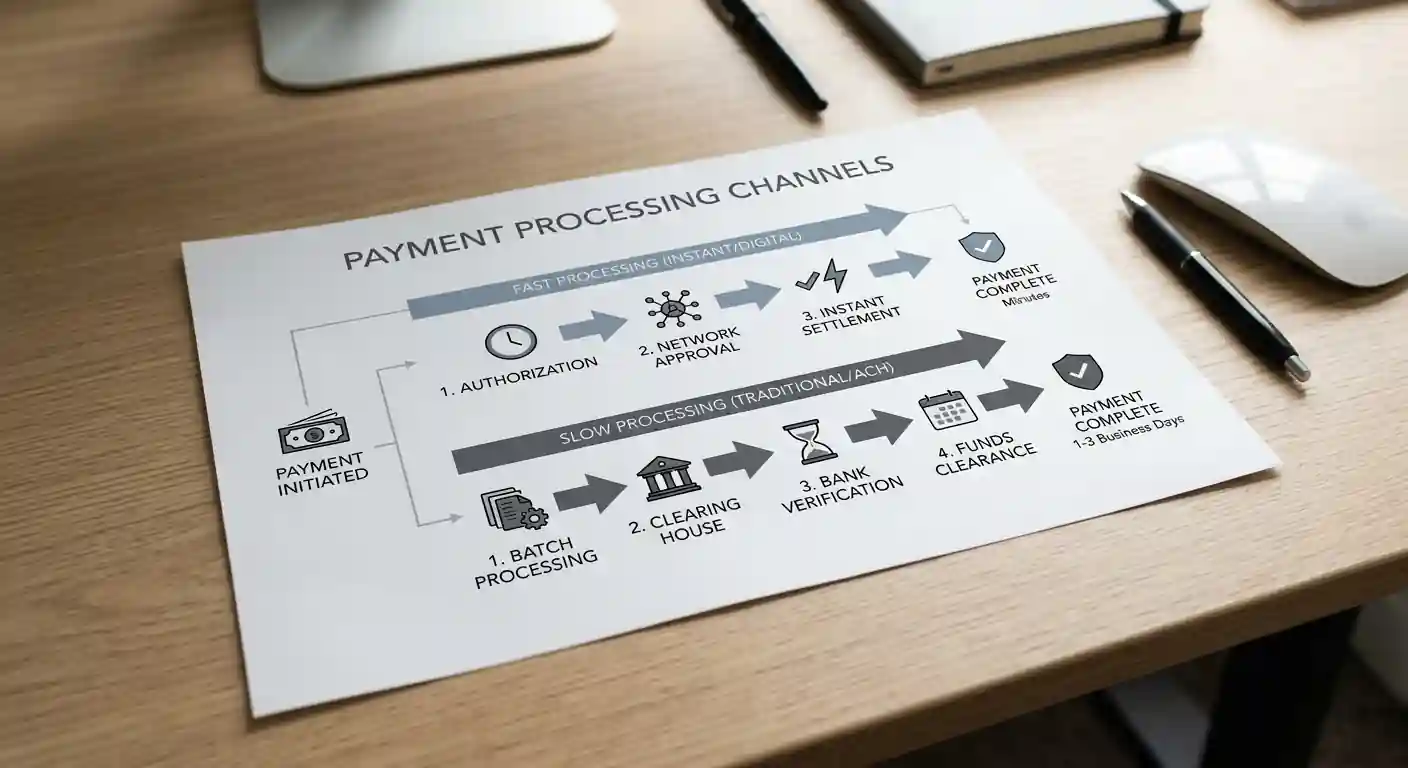 Timeline diagram showing Visa Direct versus standard card refund processing paths