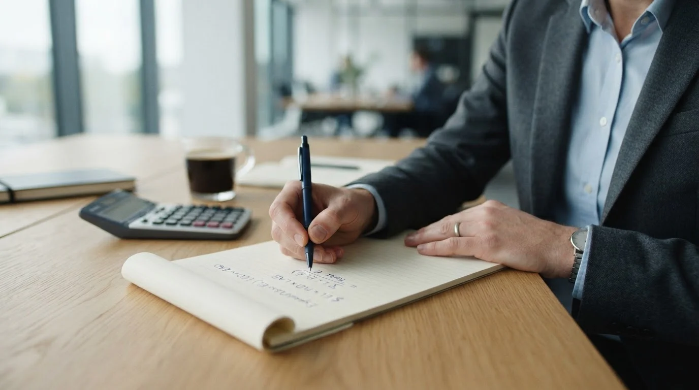 Person calculating expected loss from casino bonus wagering requirements on notepad