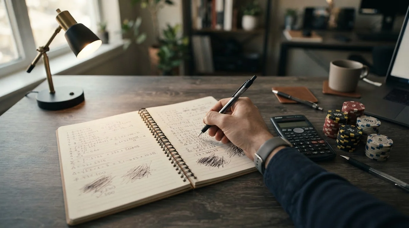Notebook with handwritten wagering calculations beside casino chips and calculator