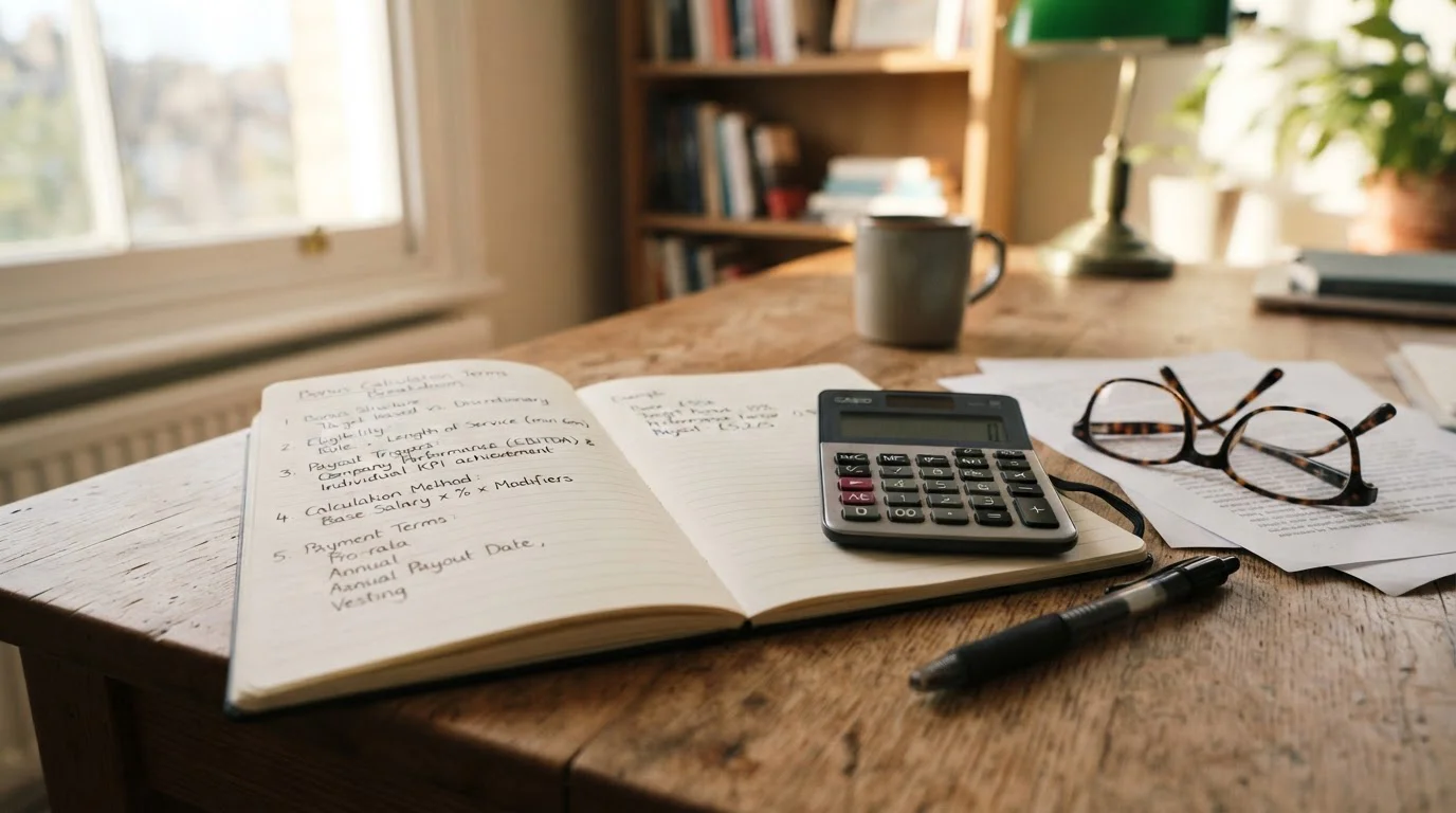 Notebook with bonus terms breakdown and calculator showing wagering calculations