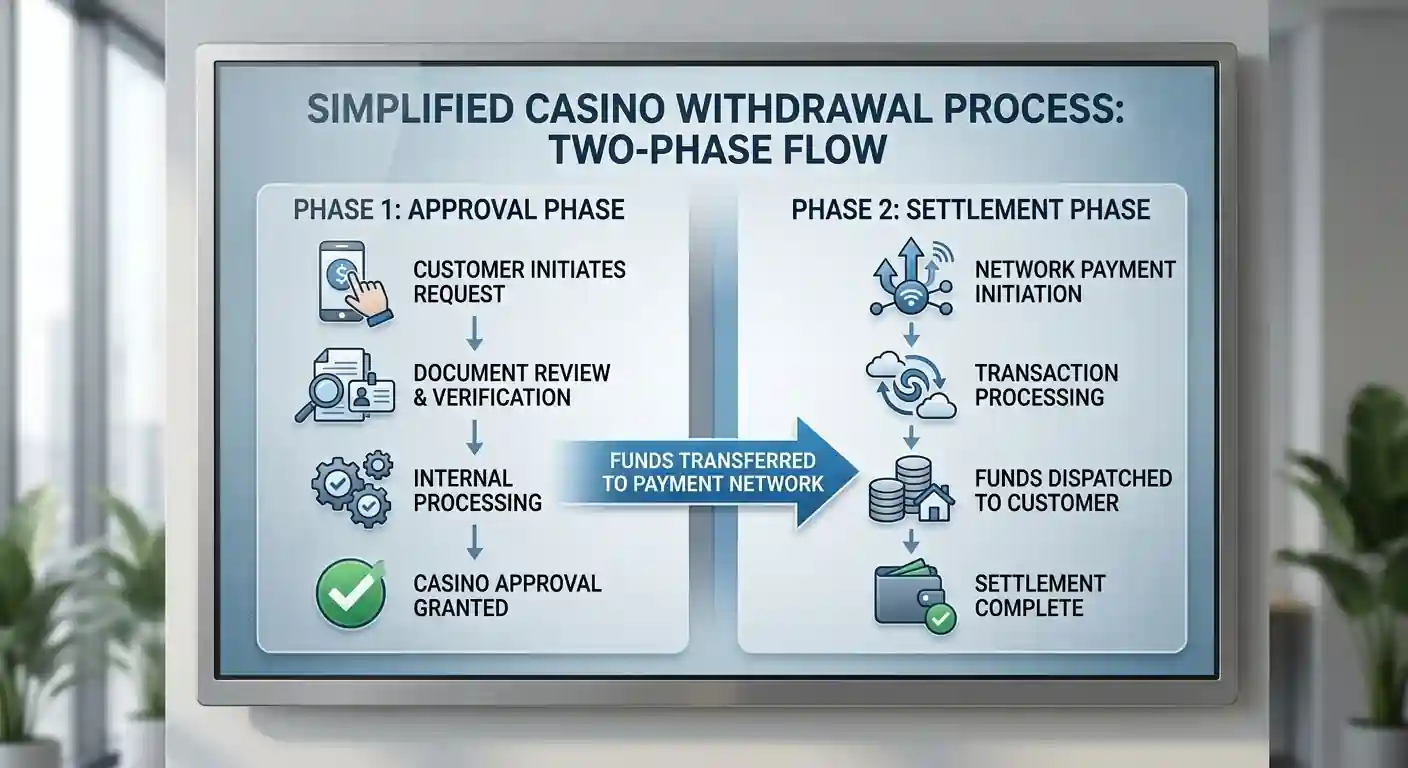 Diagram showing two-phase withdrawal process with casino approval queue and payment network settlement