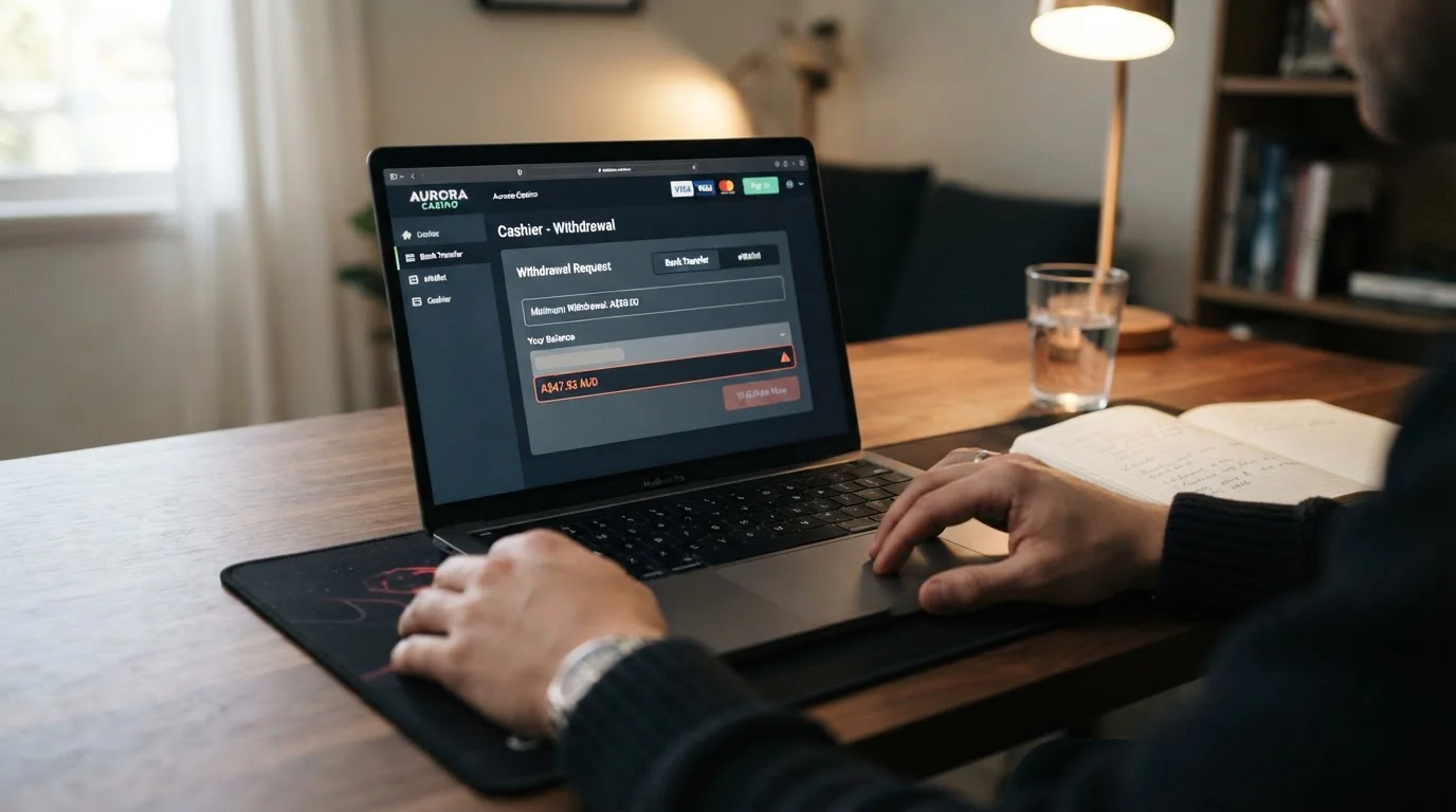 Casino cashier screen showing withdrawal minimum requirement