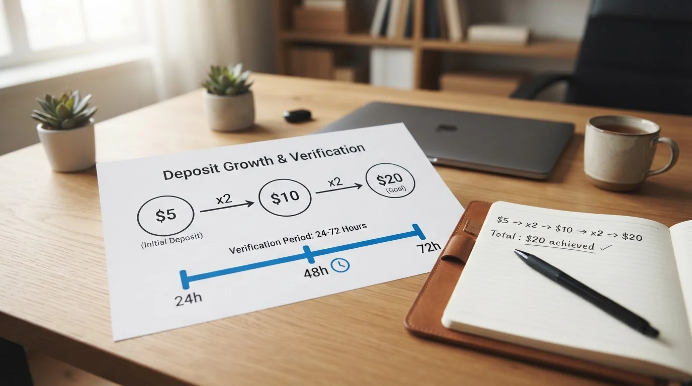 Calculator showing multiplication from $5 to $20 minimum withdrawal threshold with verification delay timeline