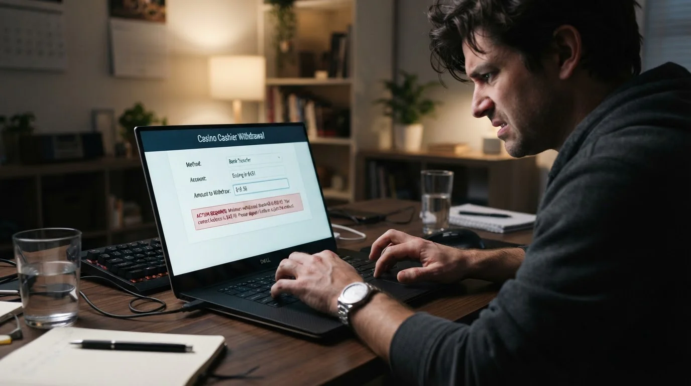 Casino cashier screen showing withdrawal minimum threshold with blocked payout