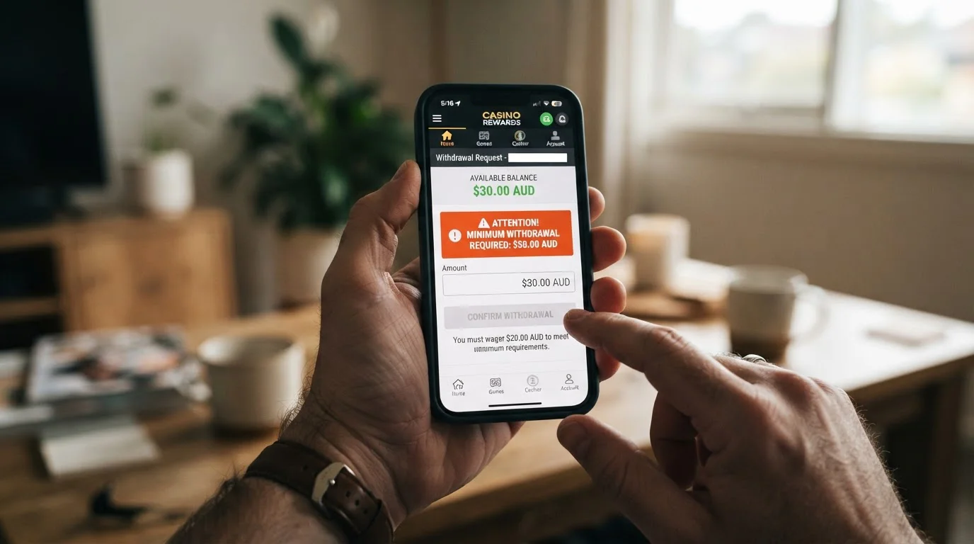 Withdrawal request screen showing $50 minimum with $30 balance highlighted as insufficient