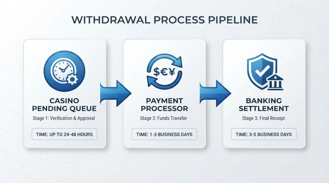 Three-stage withdrawal pipeline diagram showing casino queue, payment processor, and banking settlement phases