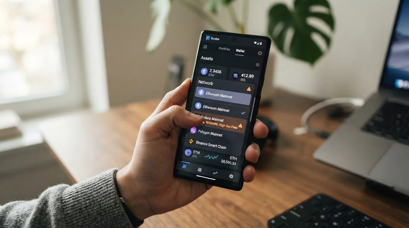 Smartphone showing cryptocurrency wallet with network selector dropdown displaying Ethereum and Solana options